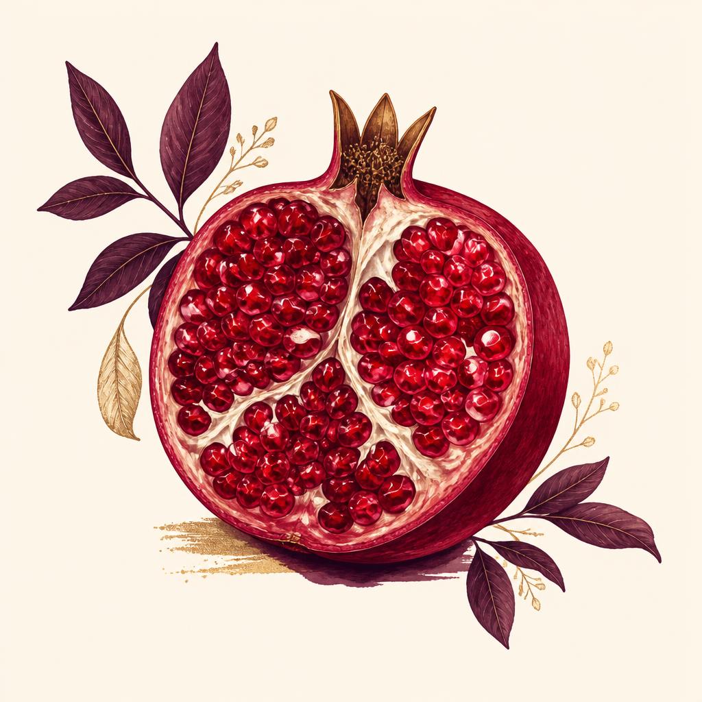 Cross-section of a pomegranate revealing ruby seeds